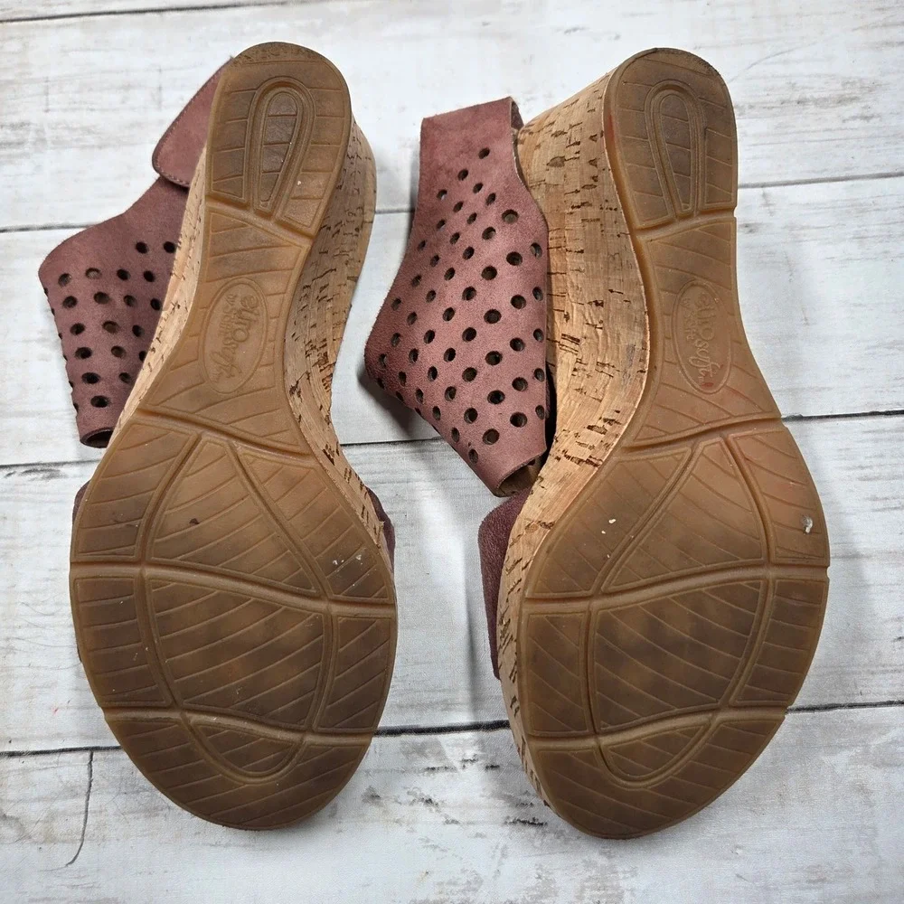 EuroSoft by Sofft Laser Cut Cork Wedge Sandals Women‎ 6M Mauve Brown ES0004529